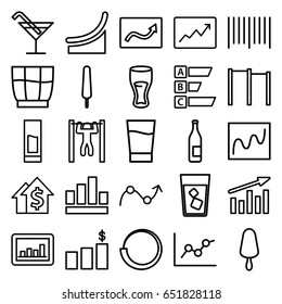 Bar icons set. set of 25 bar outline icons such as cocktail, drink, ice cream on stick, graph, line graph, chart, money chart, dolar growth, loading, bottle
