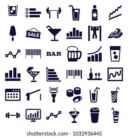 Bar icons. set of 36 editable filled bar icons such as cocktail, bar, graph, barcode, drink, ice cream on stick, chart, barbell, sale, browser window, line graph