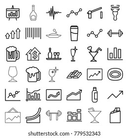 Bar icons. set of 36 editable outline bar icons such as bottle, drink, soap, clean wine glass, chocolate, beer mug, chart, dolar growth, barbell, bar code, cocktail, graph