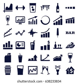 Bar icons set. set of 36 bar filled icons such as bar, graph, drink, ice cream on stick, music equalizer, chart, wine glass, wine bottle and glass, chart on display