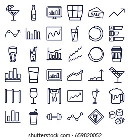 Bar icons set. set of 36 bar outline icons such as cocktail, clean wine glass, drink, soda, bar   tightening, graph, chart, line graph, restaurant, sushi, cocktail, beer mug