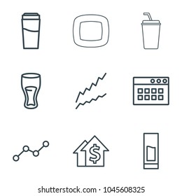 Bar icons. set of 9 editable outline bar icons such as drink, graph, dolar growth, browser window, line graph