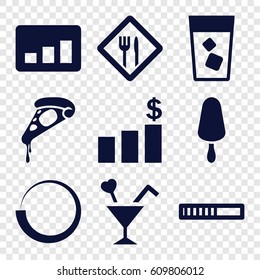 Bar icons set. set of 9 bar filled icons such as pizza, ice cream on stick, drink, cocktail, restaurant, chart, money chart