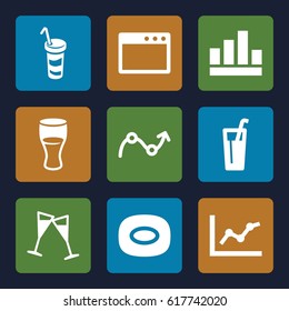 Bar icons set. set of 9 bar filled icons such as soap, drink, wine glass, graph, chart