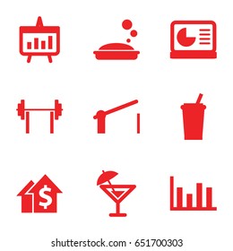 Bar icons set. set of 9 bar filled icons such as soap, barrier, chart, chart on display, cocktail, drink, dolar growth