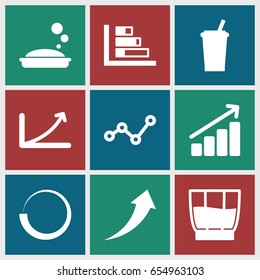 Bar icons set. set of 9 bar filled icons such as soap, drink, graph, arrow up