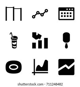 Bar icons set. set of 9 bar filled icons such as soap, graph, ice cream on stick, drink, line chart, line graph, browser window