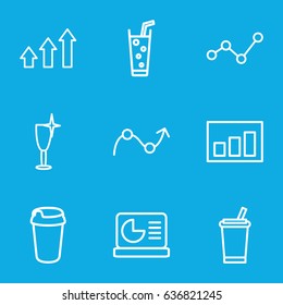 Bar icons set. set of 9 bar outline icons such as clean wine glass, drink, soda, graph