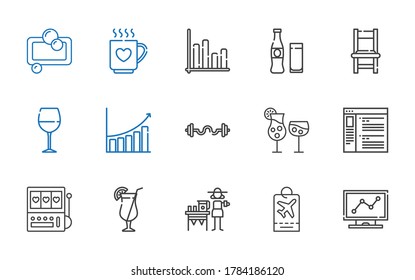 bar icons set. Collection of bar with analytics, tag, lemonade, cocktail, slot machine, browser, cocktails, bars, bar chart, wine glass, chair. Editable and scalable icons.