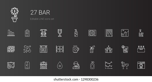 bar icons set. Collection of bar with line chart, soap, barman, alcohol, night club, tag, analytics, drink, sale, chocolate, pyramid chart, wine. Editable and scalable bar icons.