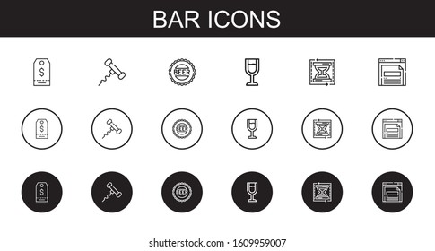 bar icons set. Collection of bar with tag, corkscrew, bottle cap, wine glass, load time, browser. Editable and scalable bar icons.