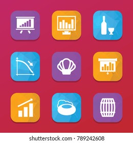 Bar icons. vector collection filled bar icons set.. includes symbols such as barrel, wine, graph chart, soap, chart, chart on display. use for web, mobile and ui design.