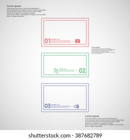 Bar illustration infographic template created from three simple parts created from double outlines with space for number, text of simple sign. Each part has different color and background is light.