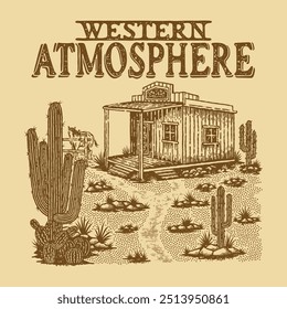 Bar illustration western graphic desert design cactus emblem landscape vintage wild west