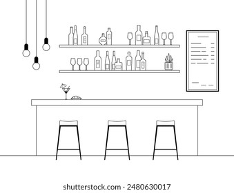 Diseño interior de bar con barra de bar, sillas y botellas. Dibujo de líneas.