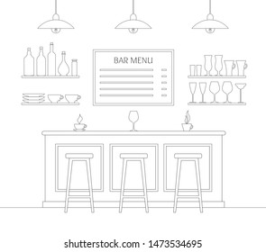 Bar interior in a linear style. Outline cafe with a bar. Vector illustration. Black-white pattern.