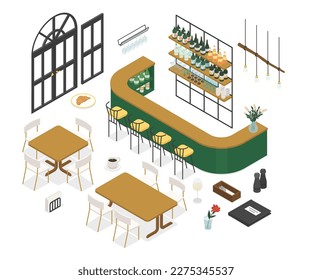 Bar interior - modern colorful isometric object set isolated on white background. High quality items, a counter, shelves with drinks, tables and chairs, decor elements. Leisure and entertainment idea