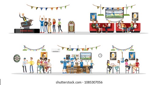 Bar interior on white background. People having fun.