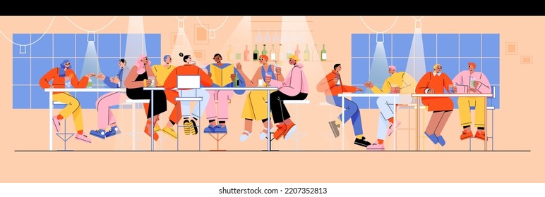 Bar interior with people drink wine and cocktails. Diverse characters hold glasses, group of friends and couples sitting on stools in cafe or restaurant, vector flat illustration