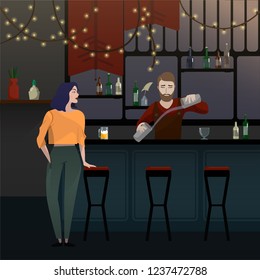 Bar interior with people. Vector illustration with bartender and lady, bar counter, bar chairs, window and shelves with alcohol. 