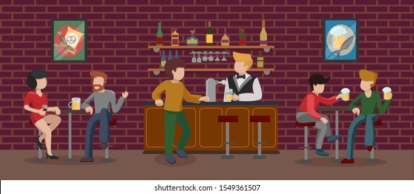 Bar interior room in building with brown brick wall. People having fun, sitting on high bar stools and drinking beer. The bartender at the counter pours alcohol to the visitor. Vector illustration.