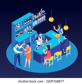 Bar interior scene with visitors enjoying drinks and barman making cocktail isometric composition against dark background 3d vector illustration