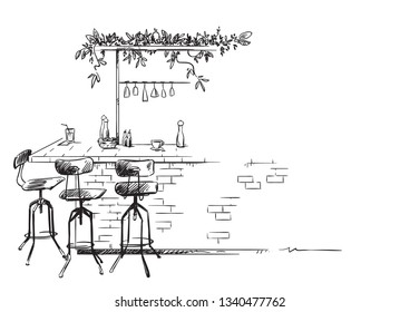 Bar Interior Sketch, Bar Counter Vector Drawing, Isolated On White