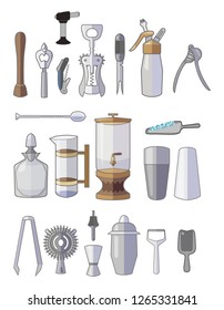 Bar inventory. Set of objects tools for the preparation of cocktails. Drink tanks. flat vector 