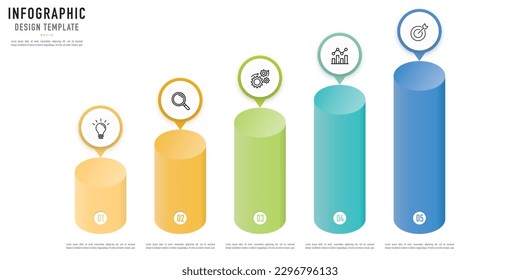 Bar isometric infographic template or element with 5 step, process, option, colorful 3D rectangle, pin, icons, button, circle, paper origami, stair, ladder, funnel for sale slide, flowchart, brochure 