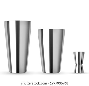 Bar Kit Set, Bottle For Cocktail Mockup. Realistic Mockup Isolated. Cocktail Shaker, Hawthorne Strainer, Stirrer, Metak Muddler And Jigger.