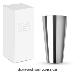 Bar kit set, Bottle For Cocktail mockup. Realistic mockup isolated. Cocktail shaker, hawthorne strainer, stirrer, metak muddler and jigger.
