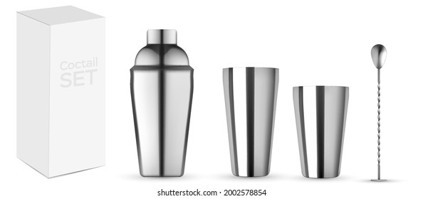 Bar Kit Set, Bottle For Cocktail Mockup. Realistic Mockup Isolated. Cocktail Shaker, Hawthorne Strainer, Stirrer, Metak Muddler And Jigger.