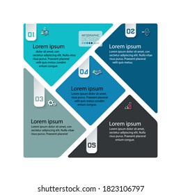 Bar labels infographic with 5 steps in square shape.