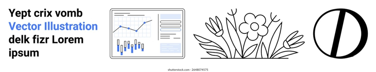 Bar and line chart in blue and gray. Flower and leaves illustration in black outline, circle split into black and white halves. Ideal for data visualization, floral art, abstract design