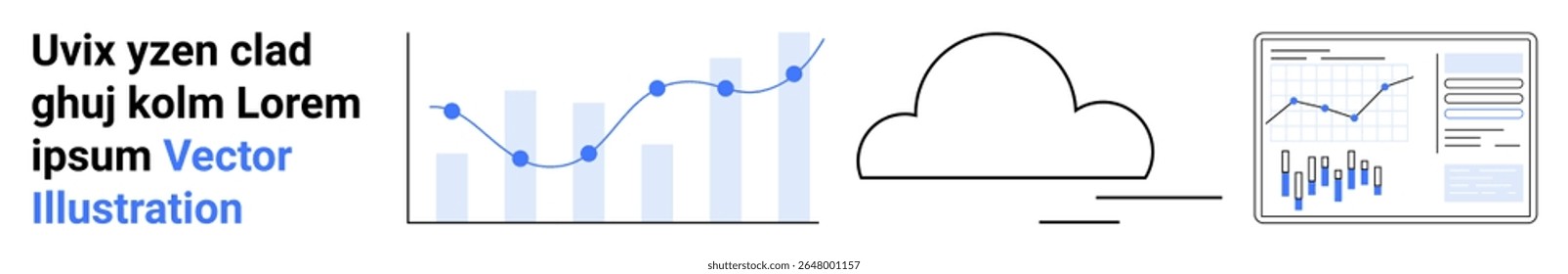 Bar and line chart, cloud icon, data dashboard with graphs. Ideal for data analytics, cloud storage, data visualization, business reporting, statistics, cloud computing, web design. Landing page