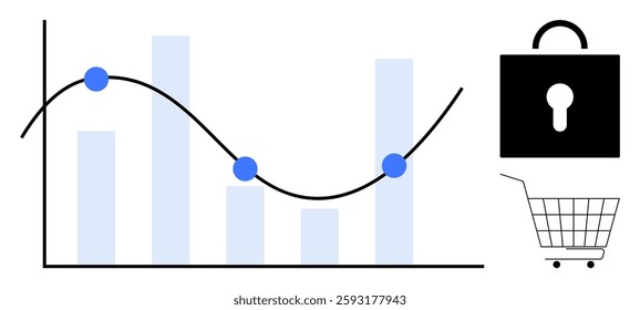 A bar and line chart representing data trends, a security padlock, and a shopping cart depicting e-commerce security and data analysis. Ideal for business growth tracking, data security, e-commerce