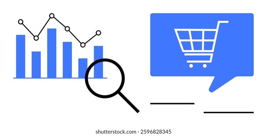 Bar and line graph next to magnifying glass and shopping cart icon in a speech bubble. Ideal for market research, e-commerce analytics, digital marketing, business strategy, data visualization