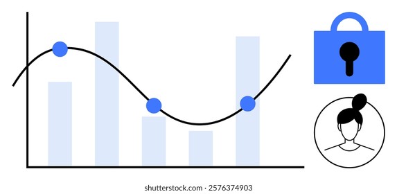 Bar and line graph with security lock and person icon. Ideal for data analysis, privacy, cybersecurity, statistics, and business strategy. Clean and modern style. Blue and white tones are used