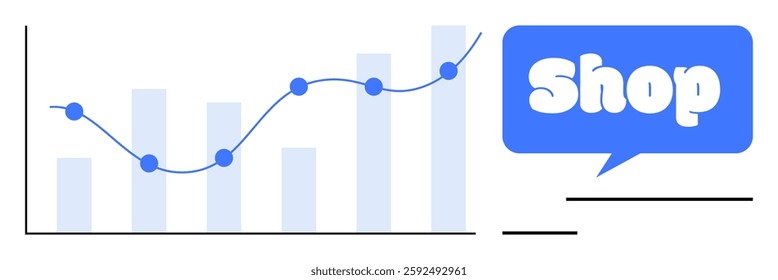 A bar and line graph showing consistent growth indicating sales increase. A blue speech bubble with the word Shop emphasizes ecommerce. Ideal for business, sales, ecommerce, marketing, and finance