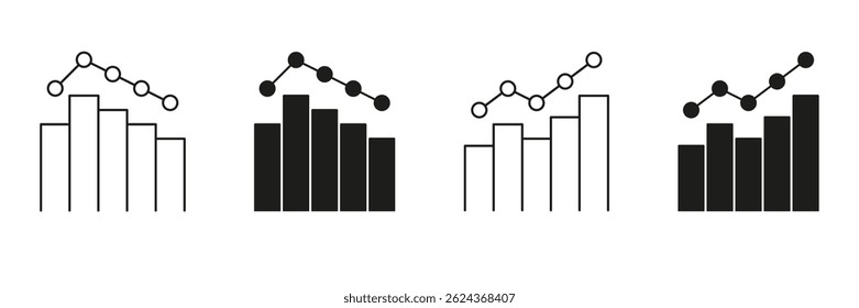 Bar And Line Graph Line And Solid Icon Set. Data Analysis, Financial Trends, And Business Performance Tracking Symbol Collection. Statistical Visualization Tools. Isolated Vector Illustration.