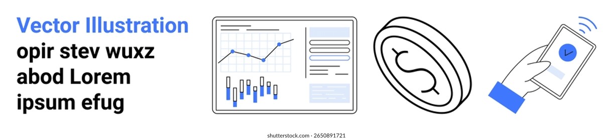 Gráficos de barras y líneas, moneda de dólar, teléfono de mano. Ideal para finanzas, tecnología, análisis de datos, inversiones, pagos móviles, negocios, transacciones digitales. Página de destino