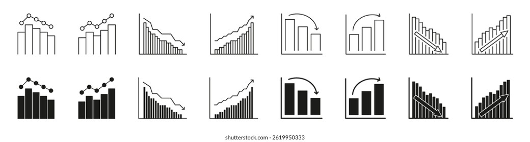 Bar And Line Graphs Line And Solid Icon Set. Data Analysis, Financial Trends, And Business Performance Visualization Symbol Collection. Statistical Market Insights. Isolated Vector Illustration.