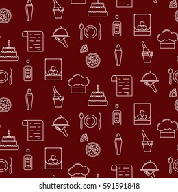 Bar line icon seamless red pattern. White cafe objects of food and drink on wine background.