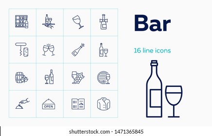 Bar line icon set. Waiter, menu, wine. Alcohol concept. Can be used for topics like pub, party, restaurant, catering