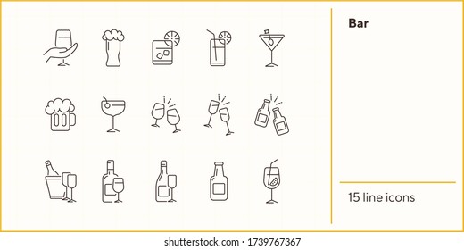 Bar line icons. Set of line icons. Beer mug, bottle with glass. Beverage concept. Vector illustration can be used for topics like advertising, business