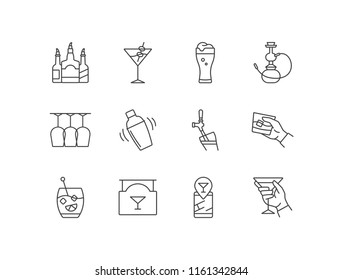 Bar line icons set with bottles, martini, beer, hookah, glasses, shaker, hand holding whiskey, sangria cocktail, signage, location.