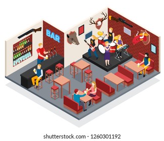 Bar with live music isometric composition with singer and musicians drummer guitarist keyboard player vector illustration