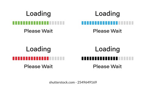 Bar loading please wait symbol icon set in four different colors. Loading 70 percent please wait progress bar infographics in green, blue, red and black  color isolated on white background.