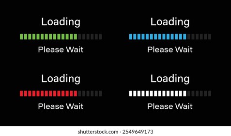 Bar loading please wait symbol icon set in four different colors. Loading 70 percent please wait progress bar infographics in green, blue, red and white color isolated for dark mode.