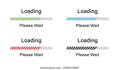 Bar loading with tilted lines please wait symbol icon set in four different colors- Green, Blue, Red and Black. Loading 70 percent please wait progress bar infographics for light mode interface.